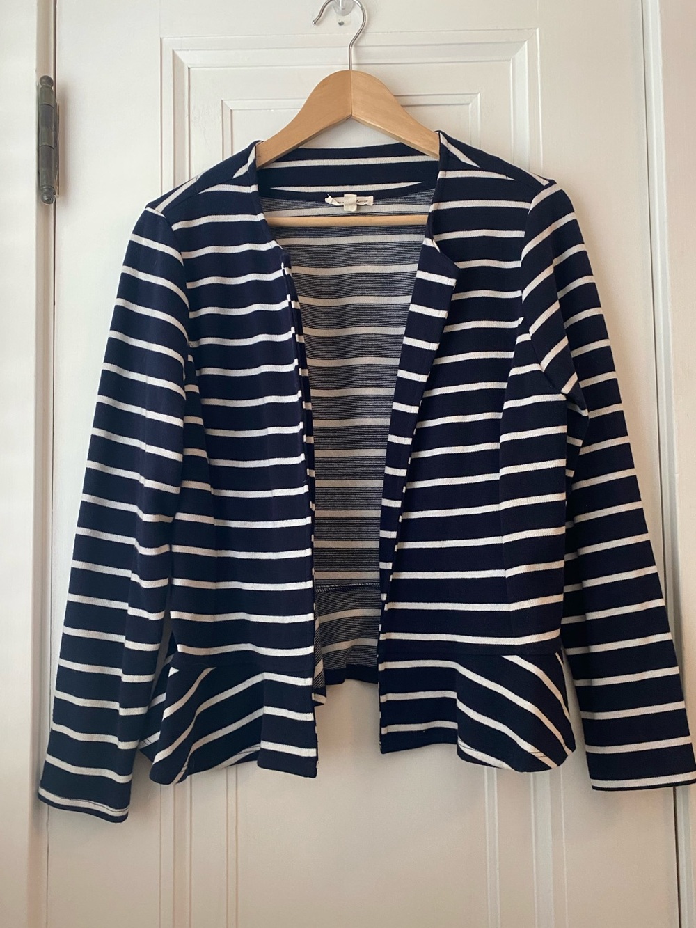 Jane and Delancey navy blue white stripe peplum knit blazer jacket L